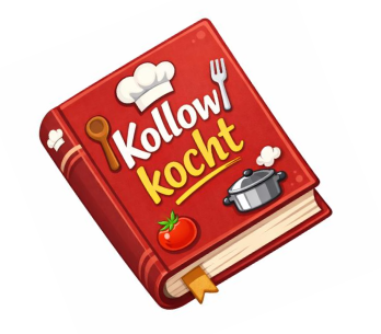 Ein dickes, rotes Buch mit dem Titel "Kollow kocht"