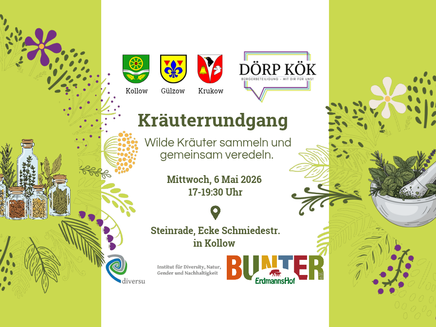 Einladung zum Kräuterrundgang 2026 in Kollow. Wilde Käruter sammeln und gemeinsam veredeln. Mittwoch, 6. Mai 2026, 17 Uhr bis 19:30 Uhr. Steinrade, Ecke Schmiedestraße in Kollow